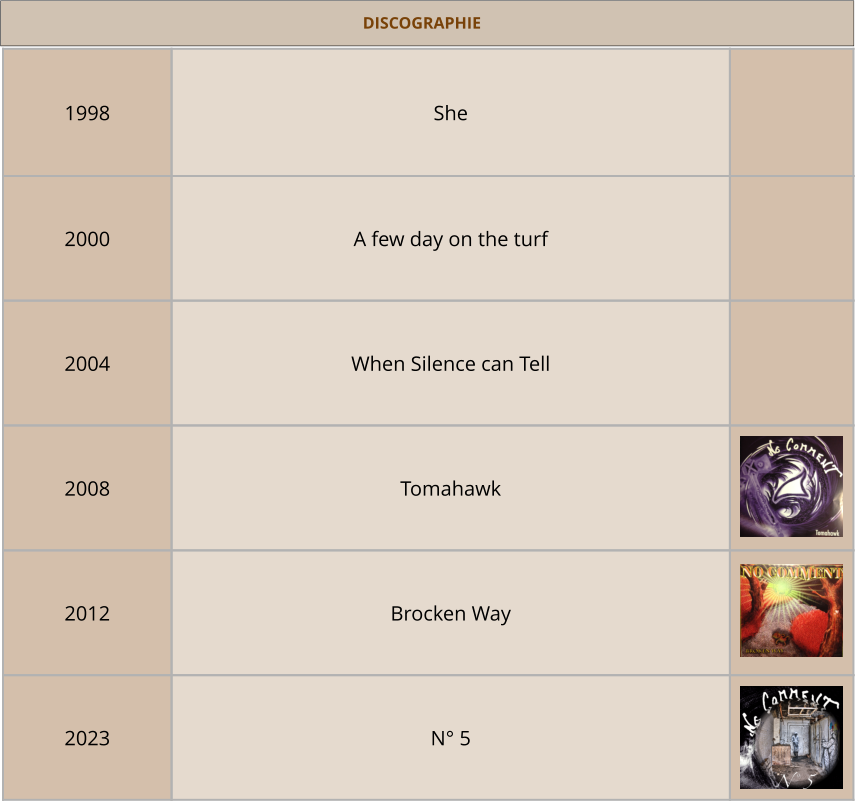 1998 She  2000 A few day on the turf  2004 When Silence can Tell  2008 Tomahawk  2012 Brocken Way  2023 N° 5  DISCOGRAPHIE