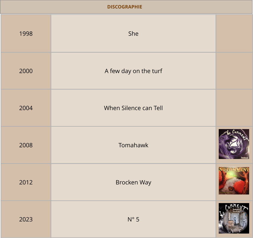 1998 She  2000 A few day on the turf  2004 When Silence can Tell  2008 Tomahawk  2012 Brocken Way  2023 N° 5  DISCOGRAPHIE